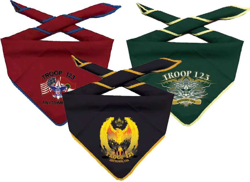scout troop neckerchief with custom embroidered Universal emblem and text