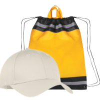 An image of a blank hat and drawstring bag.