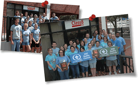 Group photo of ClassB.com staff wearing quality licensee award-winning t-shirts