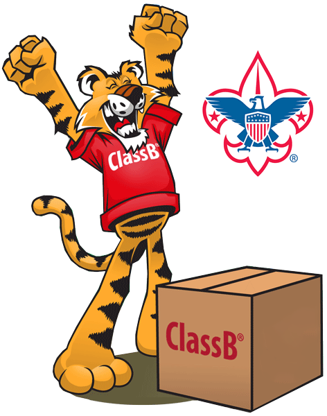 Tiger opening a box of Scouting America official licensee custom t-shirts